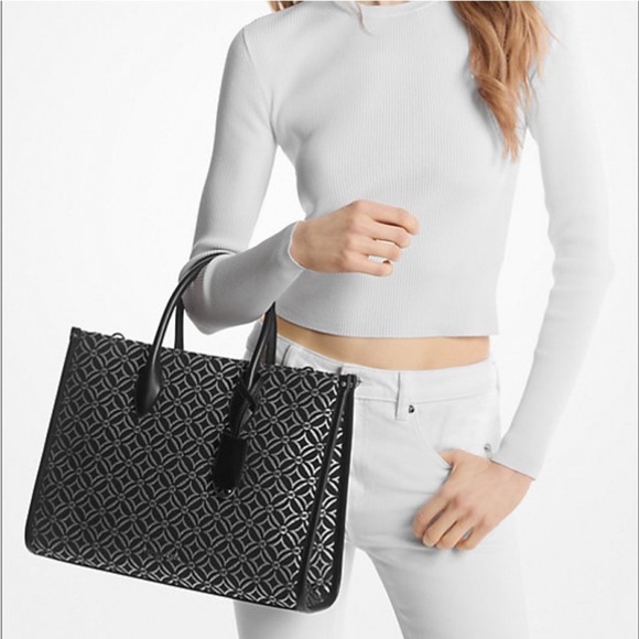 Michael Kors Mirella Medium Metallic Logo Jacquard Tote Bag - Picture 2 of 11